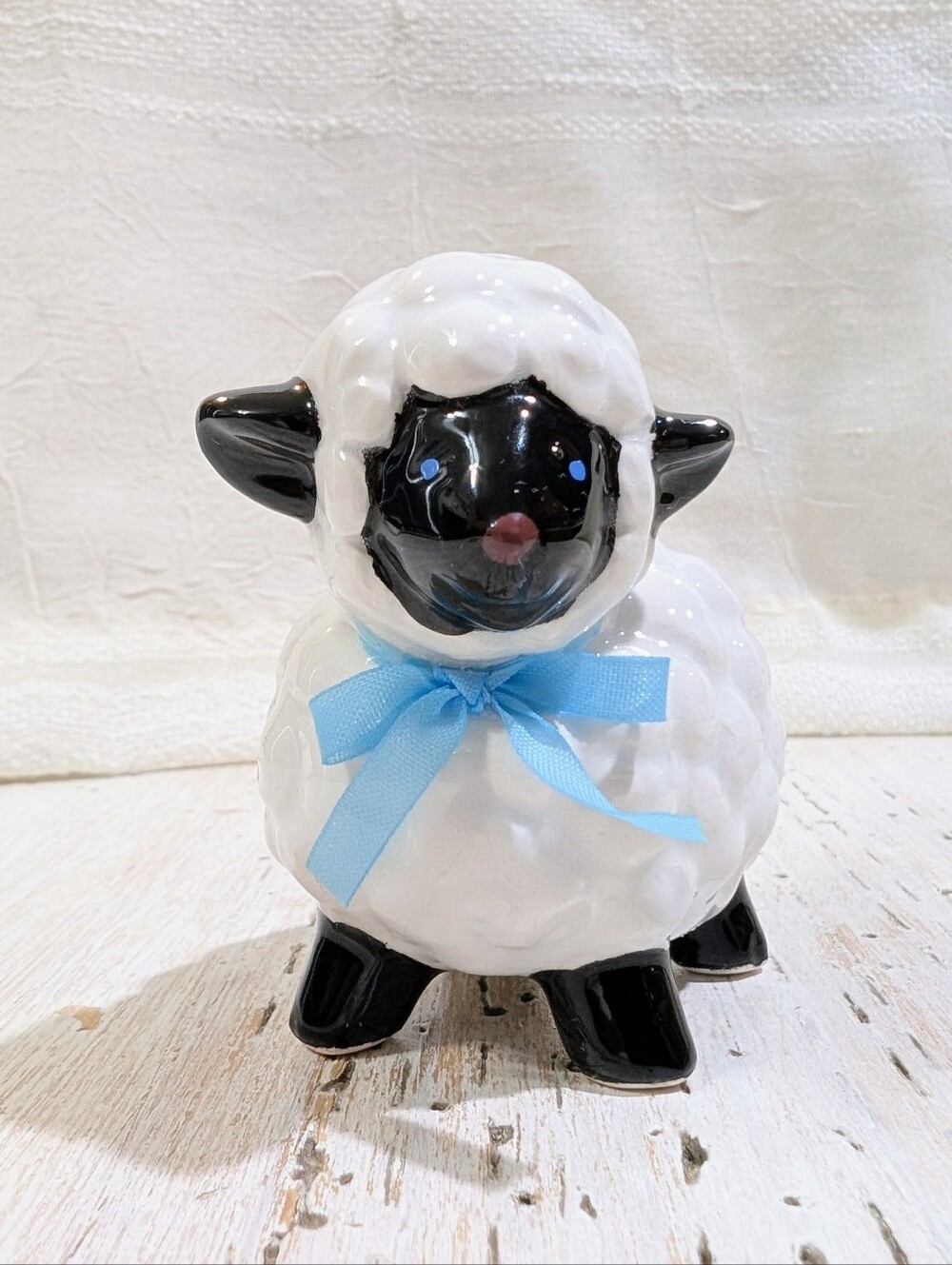 Vintage Napco Ceramic White Lamb Black Face Blue Bow Made in Japan